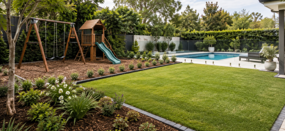 Family backyard with pool and landscaping